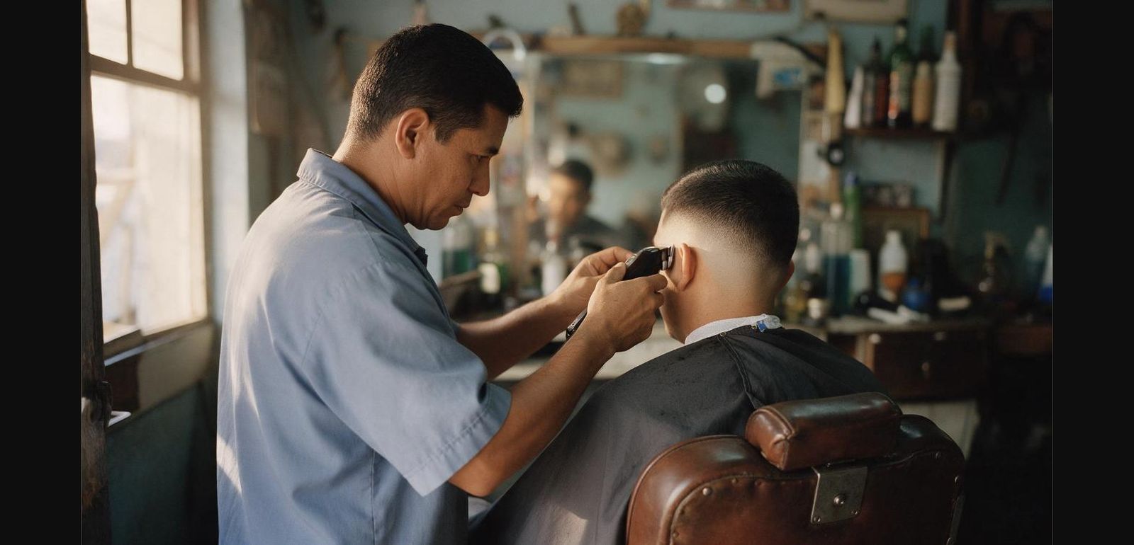 Barber mid-fade in a small neighborhood shop