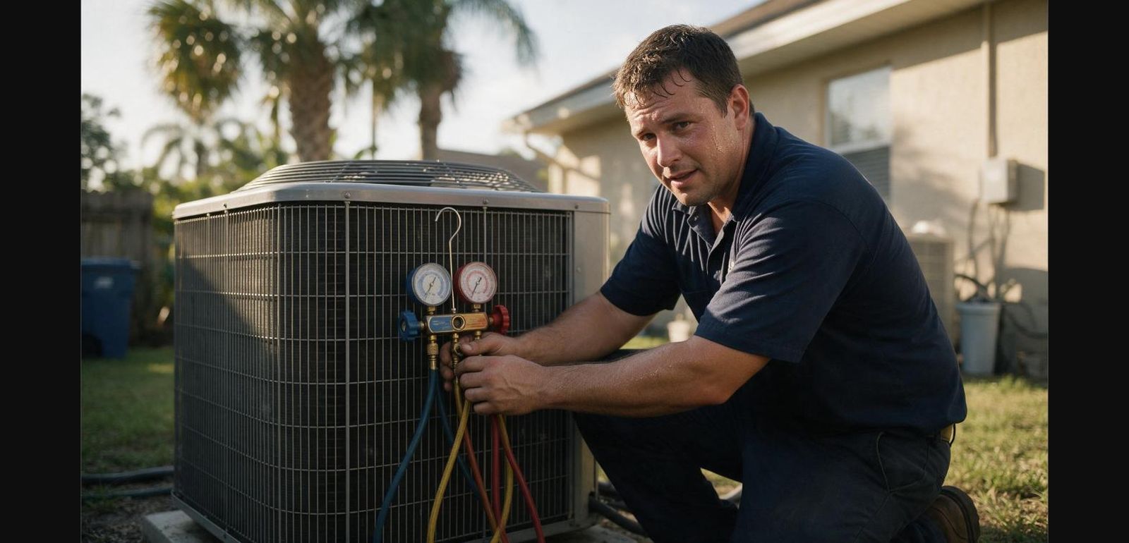HVAC technician checking gauges on a condenser unit at golden hour