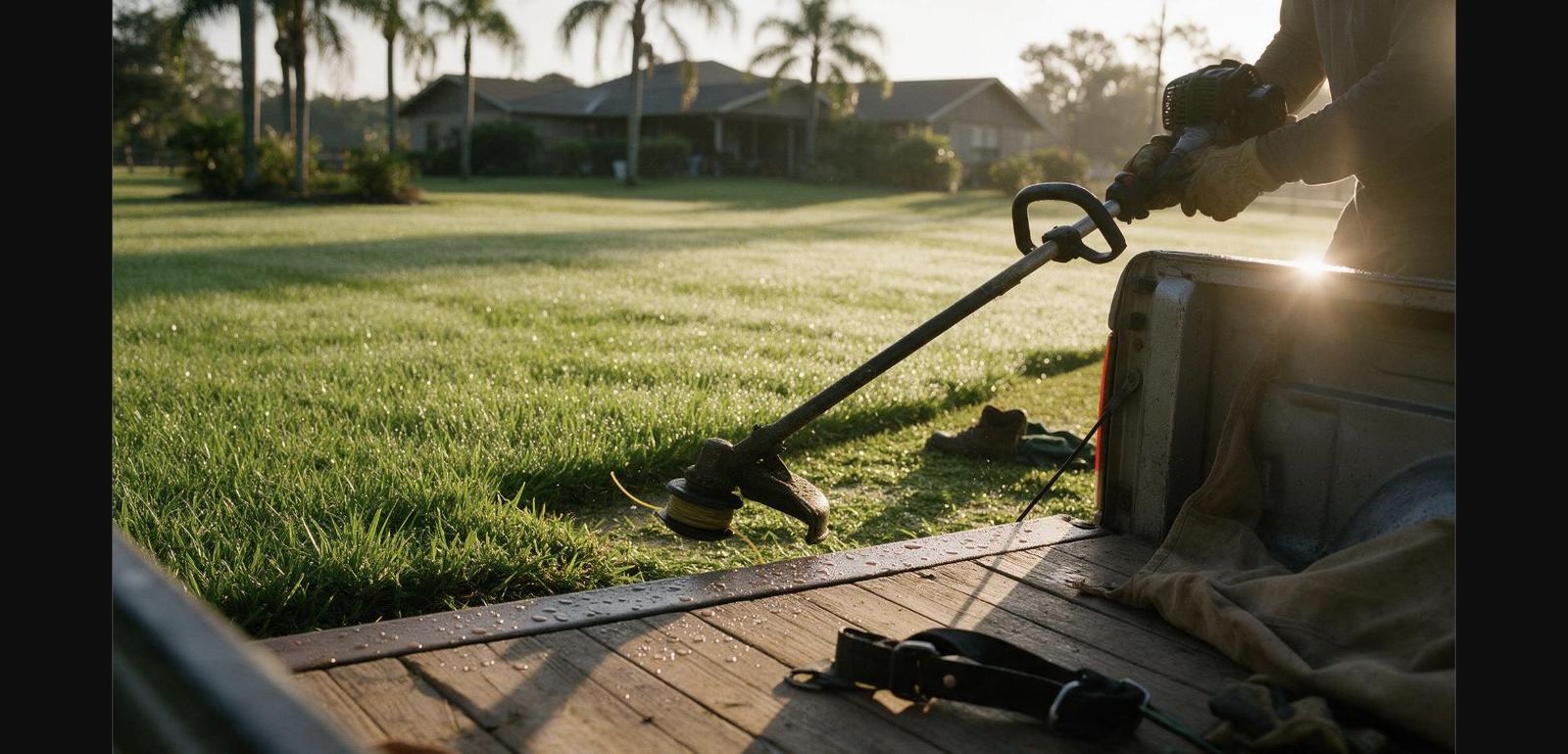 Landscaper loading a trimmer into a truck at dawn